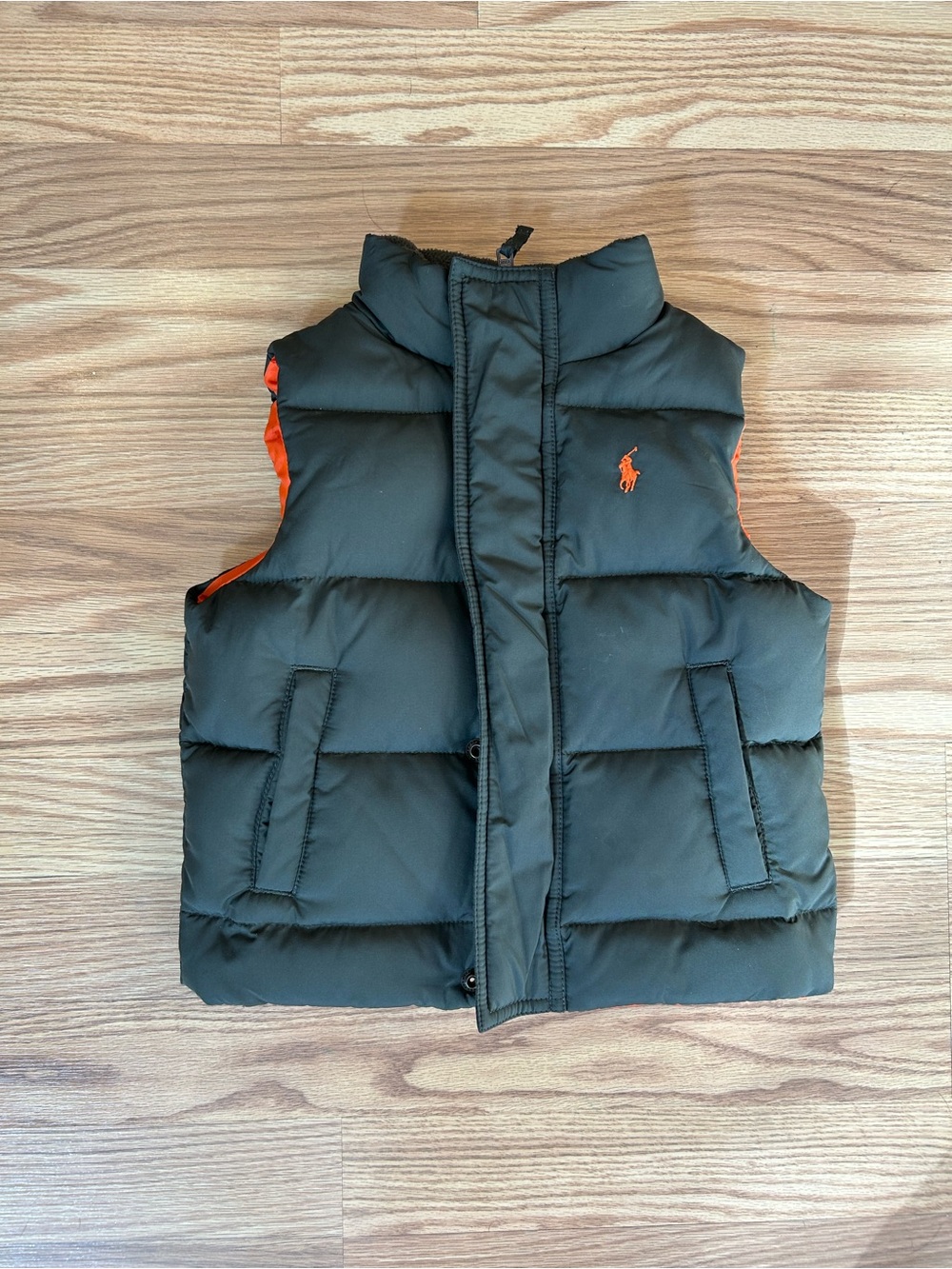 Ralph Lauren Boys Olive Green Puffer Vest with Orange Logo